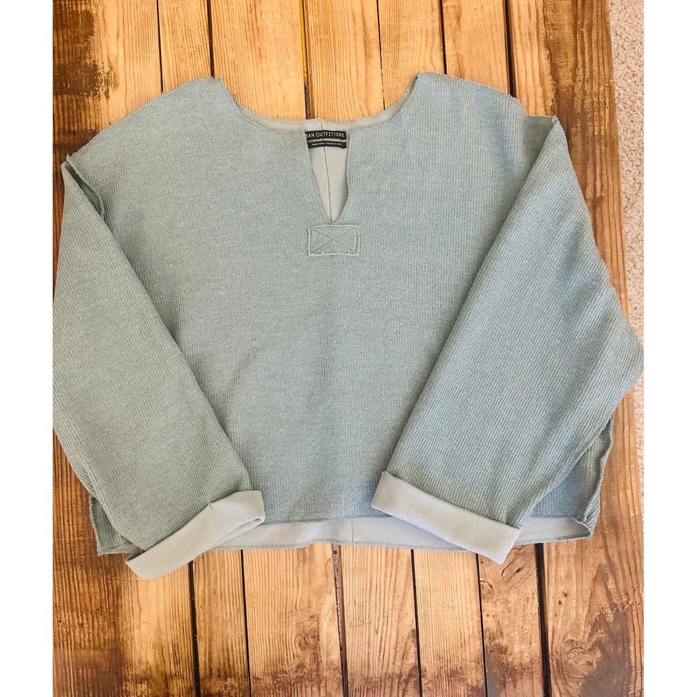 Urban Outfitters Sage Green Thermal Knit Notched Neck Cropped Pullover Top Small